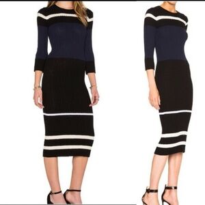 James Perse Striped Midi Sheath Ribbed Sweater Dress EUC Blue Black Cream L